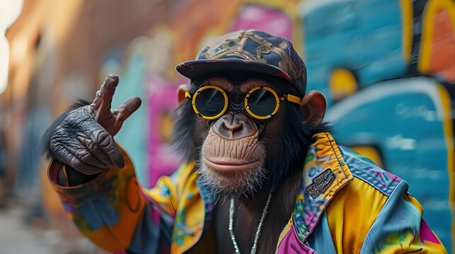 Monkey street fashion photo shot, 1980s retro vintage pop culture quirky eccentric funny style colorful outfit sunglasses cap accessory.
