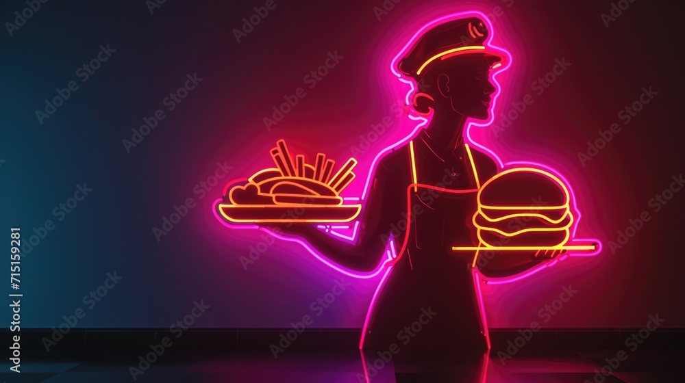 Wall mural a neon light outline of a waitress holding a tray of burgers and fries representing the friendly and