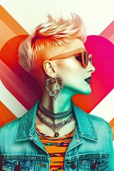 Urban Chic in Color: A pop art fashion photo, profile of a trendy girl with short haircut and...