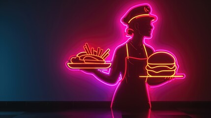 A neon light outline of a waitress holding a tray of burgers and fries representing the friendly and welcoming staff of the diner - obrazy, fototapety, plakaty