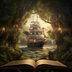 Fototapeta premium Fairy book tale with pirate ship 3d imagination