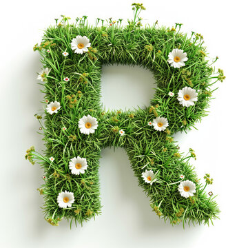 A letter r made out of grass and daisies