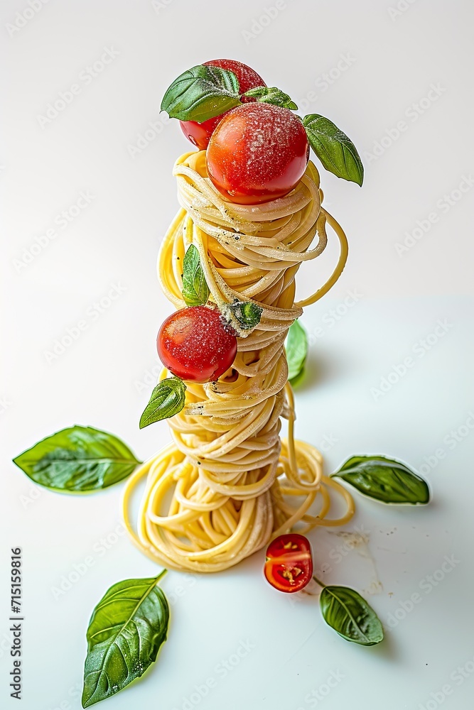 Poster a minimalistic still life concept: a neatly arranged stack of spaghetti adorned with fresh tomatoes 