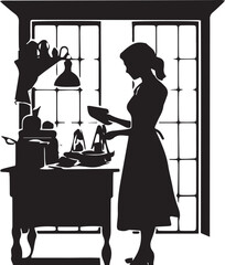 A Girl Standing in a kitchen silhouette vector illustration