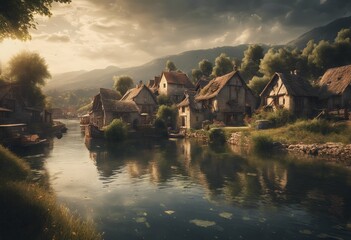 Peaceful Landscapes of a Beautiful Village in the Hills - obrazy, fototapety, plakaty