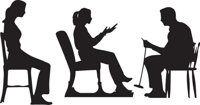 Girl and boy talking one another on sit chair with group silhouette vector illustration