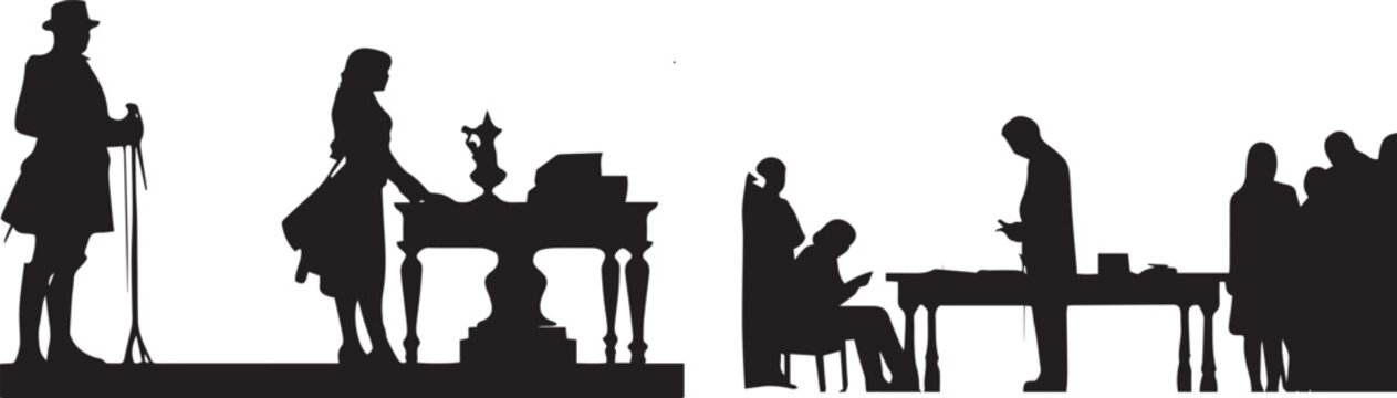 Black and white Girls and boys in a park and in a restaurant silhouette vector illustration
