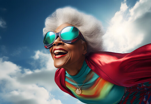 Old African American senior lady powerful woman in a hero cape flying through air in superhero pose, confident and happy, international women power concept, blue sky, city air view, pink modern colors