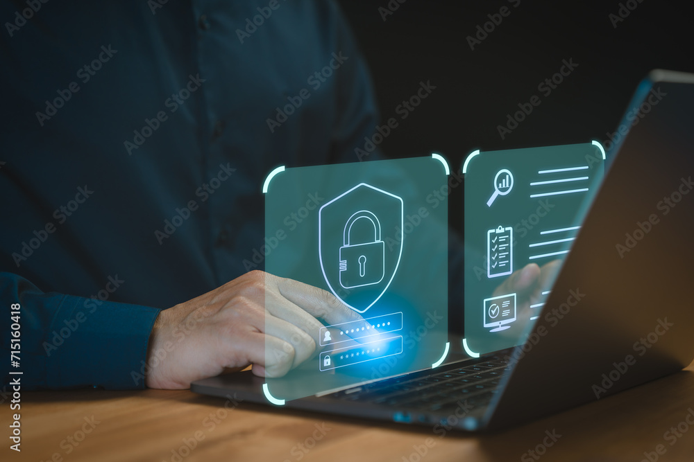 Poster Member privacy and security system. Secure internet access network technology and cybernetics lock screen icon. Privacy, security, protect, cyber secure digital data. Cyber security system concept.