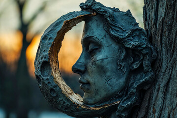 Crescent moon and woman's face small outdoor sculpture attached to tree, nature, spirituality, divine feminine, goddess - obrazy, fototapety, plakaty