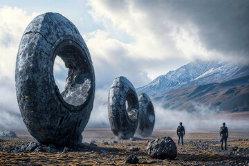 Alien landscape with large stone ring structures, sci fi - obrazy, fototapety, plakaty