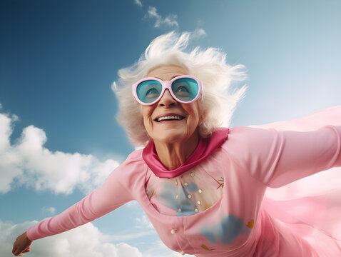 Old senior lady powerful woman in a hero cape flying through air in superhero pose, confident and happy, international women power concept, blue sky, city air view, pink modern colors