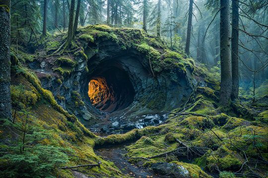 Entrance to cave, hollow in the earth, forest, woods, passageway underground, fantasy landscape