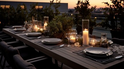 A contemporary urban rooftop garden dinner setting.