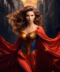 Confident woman standing in a superhero pose in fluttering superman red cape. Young attractive ambitious woman dressed in hero cloak on a modern color background banner feminism concept, futuristic