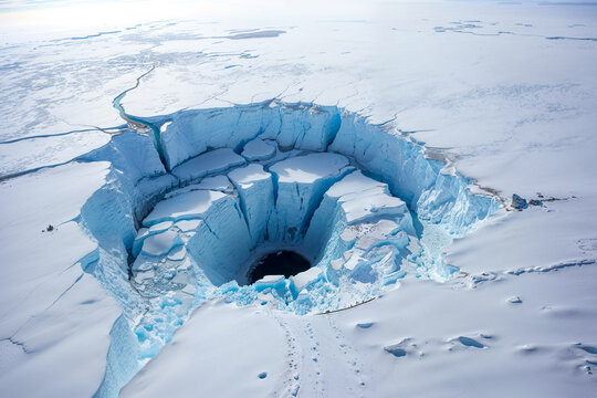 Hole in frozen ice of Antarctica, passage to hollow earth, artist's impression, theory
