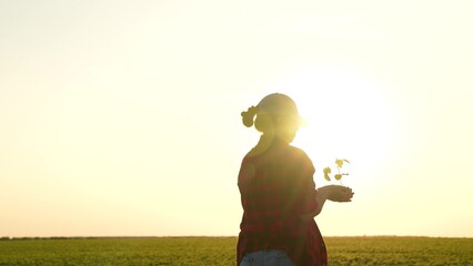 female farmer holding seedling hands sunset, hard work farming. grow healthy productive crops feed...