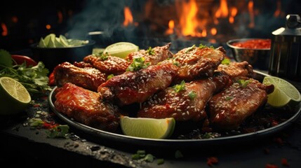 Buffalo wings with melted hot sauce on a wooden table with a blurred background