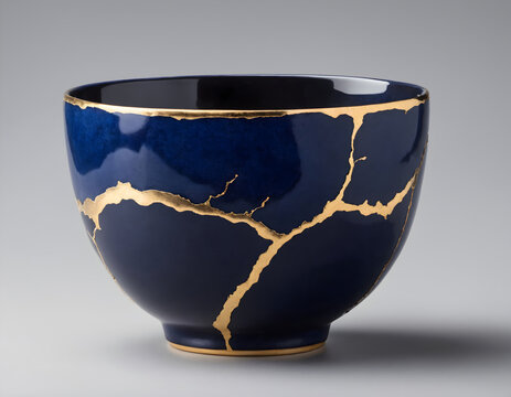 Kintsugi-Inspired Dark Blue Cup Shining Against a White Canvas
