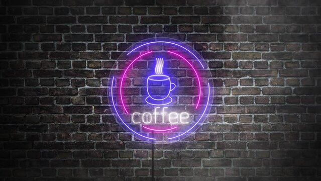 Coffee logo neon signboard on bricks wall background. Coffee mug neon with steam and white coffe word. Luminous signboard with coffee logotype and design.