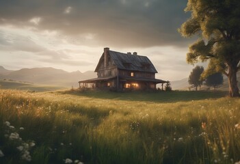 Peaceful Landscapes of a Farmhouse in the Middle of a Fields