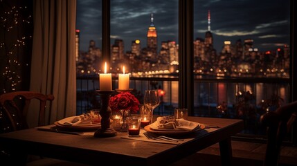 A cozy candlelit dinner table with a view of city lights through a window. - obrazy, fototapety, plakaty