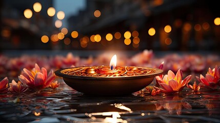 happy diwali background with burning candles, dark and blurred background