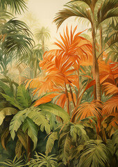 Fototapeta na wymiar Serene Tropical Foliage Watercolor Artwork