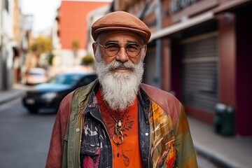 Portrait of an old man with a beard in a hat on the street