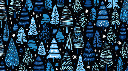 a forest scene blue trees and white snow flakes are shown
