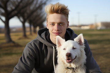 Portrait of an Albino person with a dog