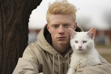 Portrait of an Albino person with a cat