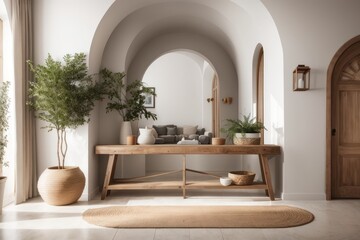 Interior home design of modern entrance hall with rustic console table and potted plants against beige wall