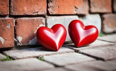 Fototapeta premium Two little red heart on a brick background, Valentine's Day, Christmas. Generative AI