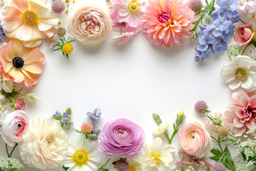 Floral arrangement frame from pastel flowers on white background, copy space for text in center