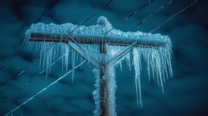 Ice and icicles on powerlines creating a dangerous situation.  - obrazy, fototapety, plakaty