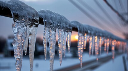 Ice and icicles on powerlines creating a dangerous situation.  - obrazy, fototapety, plakaty