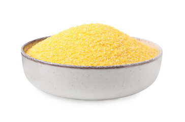 Raw cornmeal in bowl isolated on white