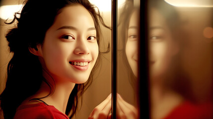 Beautiful Asian Woman Looking in the Mirror