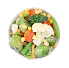 Mix of different frozen vegetables in bowl isolated on white, top view