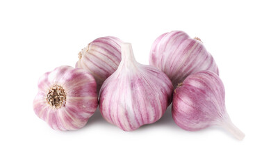 Pile of fresh raw garlic heads isolated on white