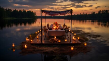 A floating dinner table in the middle of a serene lake at sunset.