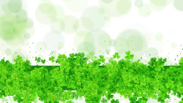 St. Patrick's day horizontal loop background with shamrock leaves. Copy space. Green ribbon with animated leaves.