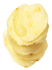 Stacked potato chips isolated on white background, top view.