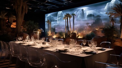 A futuristic desert oasis dinner with holographic projections. - obrazy, fototapety, plakaty