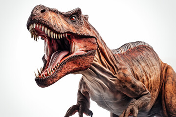 Close up of a roaring tyrannosaurus rex isolated on a white background. Generative AI