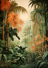 Lush Watercolor Painting of Tropical Foliage with Palm Trees
