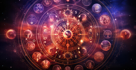 Obraz premium Mystical Zodiac: Astral Symmetry of Destiny - Abstract Illustration of Esoteric Signs and Cosmic Magic