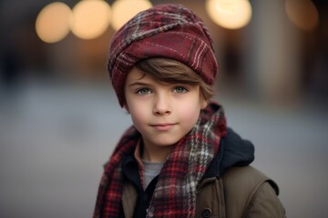 Portrait of a cute little boy wearing a warm hat and scarf