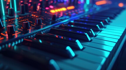 Obraz premium Closeup shots of the keys on a synthesizer their colorful and intricate patterns moving in sync with the music being played creating an atmospheric and visually striking scene